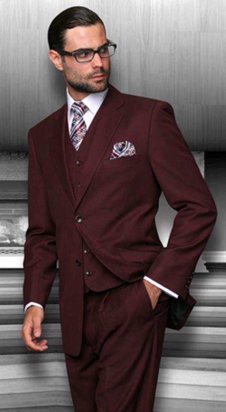 1 or 2 Button Style Wool Fabric Vested 3 Piece Suits Burgundy ~ Wine ~ Maroon suit In 3 Fit (Classic, Modern, Slim)