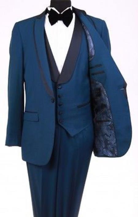 Bryan Michaels Flat Front Trousers Shawl Collar Indigo~ Indigo ~ Royal Blue Suit For Men Perfect  pastel color One Button Tuxedo Clearance Sale Online