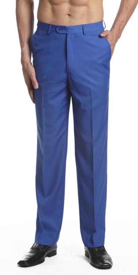 Dress Pants Trousers Flat Front Slacks royal blue pastel color 