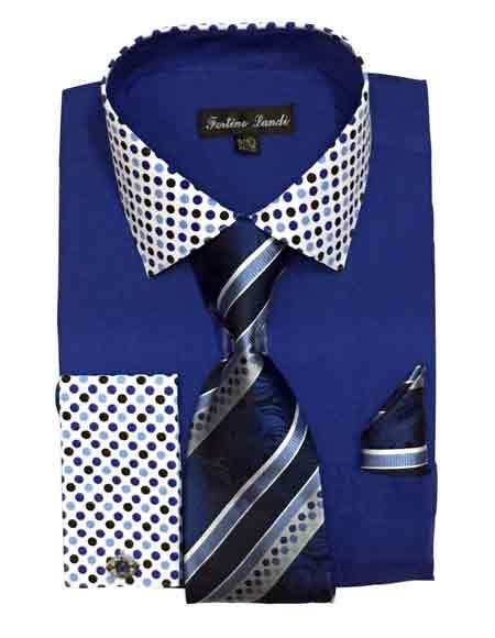  Men's Royal Blue Solid/Polka Dot Pattern Cotten Blend Dress Shirt With Tie & Hanky