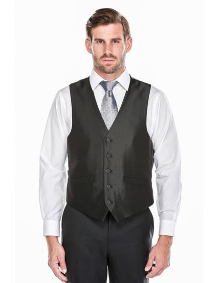 Men's Shark-Skin 5 Button Single Breasted Classic Fit Black Vest 