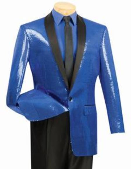 Shiny Flashy Sharkskin Metallic Sapphire Blue Sequin Formal Sportcoat Jacket 