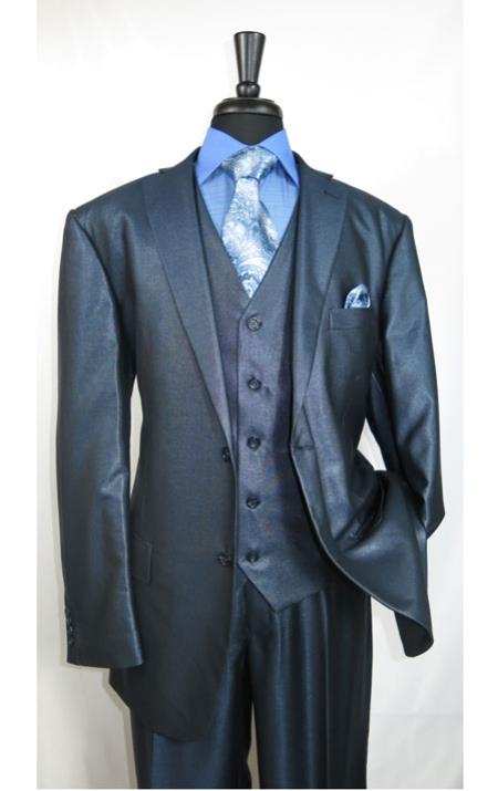 Mens Three Piece Suit - Vested Suit Shiny Shark skin Flashy Satin Looking Metallic looking Vested 3 Piece Blue Suit 