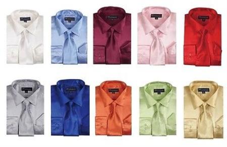 Fashion Shiny Satin Dress Shirt Set w/ Tie And Handkerchief Multi-color 