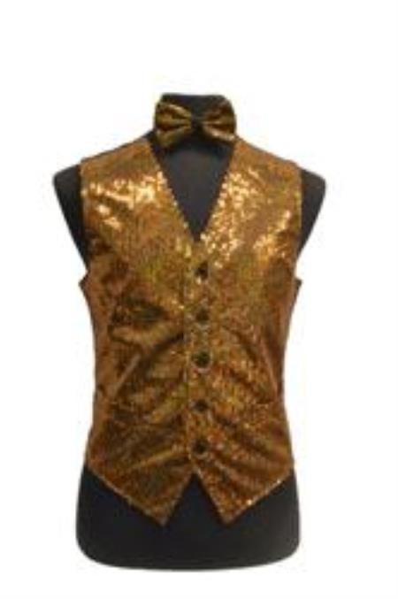 Sparkly Bow Tie Satin Shiny Sequin Vest/bow tie set Gold 