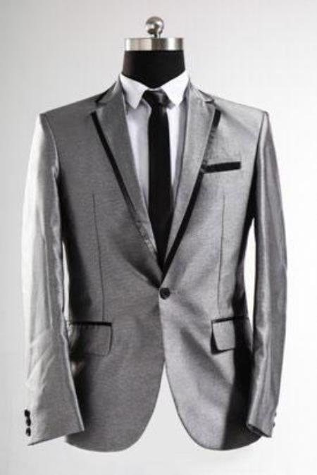 Unique Shiny Fashion Prom Sharkskin Black and Silver Suit Grey ~ Gray With Liquid Jet Black Trim Grey Tuxedo Suits for Online Jacket Blazer Online Sale Perfect For Prom Clothe - Prom Outfits For Guys