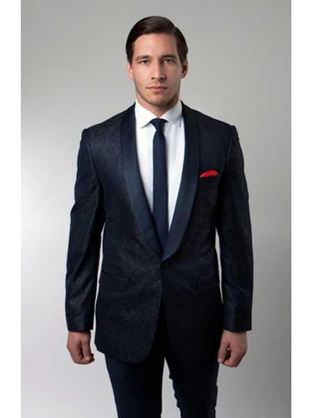  Floral Satin  Fashion Prom Liquid Jet Black Lapel Two Toned Tuxedo Dinner Jacket Blazer Online Sale Paisley Sport Coat Sequin  Silky Satin Stage Party Dance Jacket Navy Blue Shade Perfect For Prom Clothe - Prom Outfits For Guys