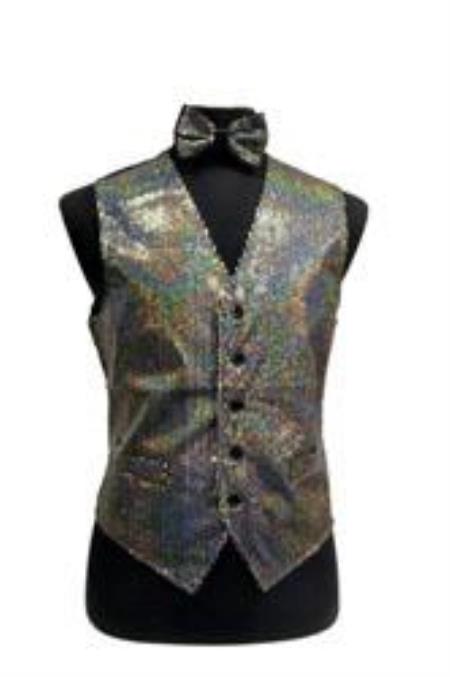 Sparkly Bow Tie Satin Shiny Sequin Vest/bow tie set Silver Grey 