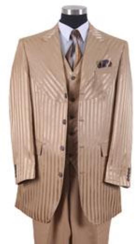 tone on tone Shiny Flashy Sharkskin Shadow Stripe ~ Pinstripe Vested 3 Piece 1940s men's Suits Style for Online Tan khaki Color ~ champagne ~ beige Tan Tuxedo