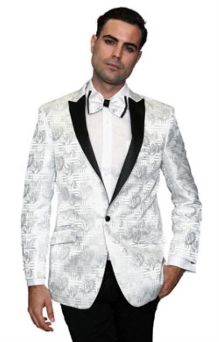 Sequin Flashy Fancy Satin Unique Shiny Fashion Prom Tuxedo Dinner Jacket Blazer Online Sale Paisley Sport Coat Silky Satin Stage Fancy Stage Party Dance White/Black Perfect For Prom Clothe - Prom Outfits For Guys
