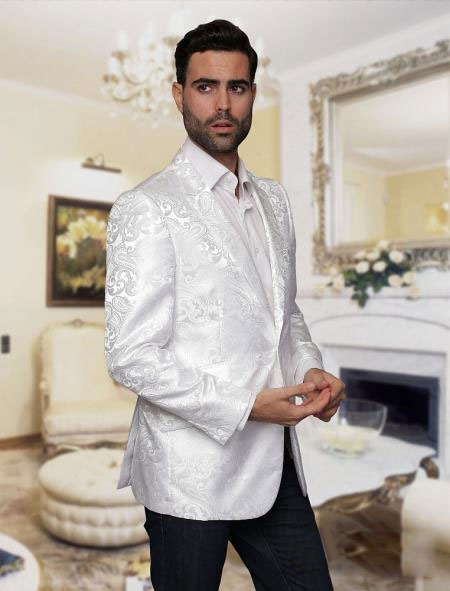 Floral Satin Unique Shiny Fashion Prom Tuxedo Dinner Jacket Blazer Online Sale Paisley Sport Coat Sequin Shiny Flashy Silky Satin Stage Fancy Stage Party Dance Jacket White Perfect For Prom Clothe - Prom Outfits For Guys