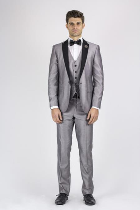 Black and Silver SuitGrey Tux ~ Grey Tuxedo Liquid Jet Black Lapel Wedding Groom Suit