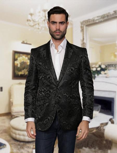  men's Big and Tall Single Breasted Black Blazer Sport coat Jacket Tuxedo Looking! Paisley floral Pattern