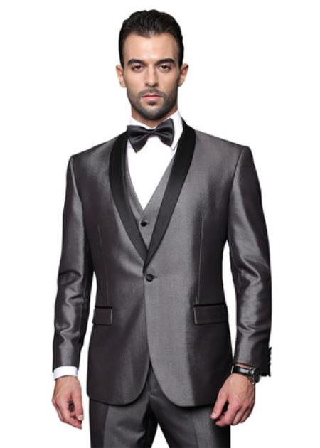 Two Toned Lapel Single Breasted Solid Grey Tuxedo Suit  Clearance Sale Online
