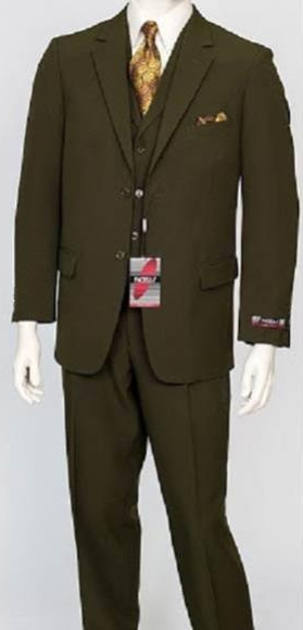  Men's Single Breasted 3 Piece Regular Fit Poly Poplin Notch Lapel Vest Olive Dress Athletic Cut Suits Classic Fit 