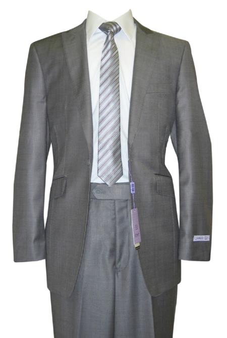 1 Button Style Peak Lapel Grey Sharkskin Wool Fabric and Silk Blend Flat Front Fitted Suit Clearance Sale Online