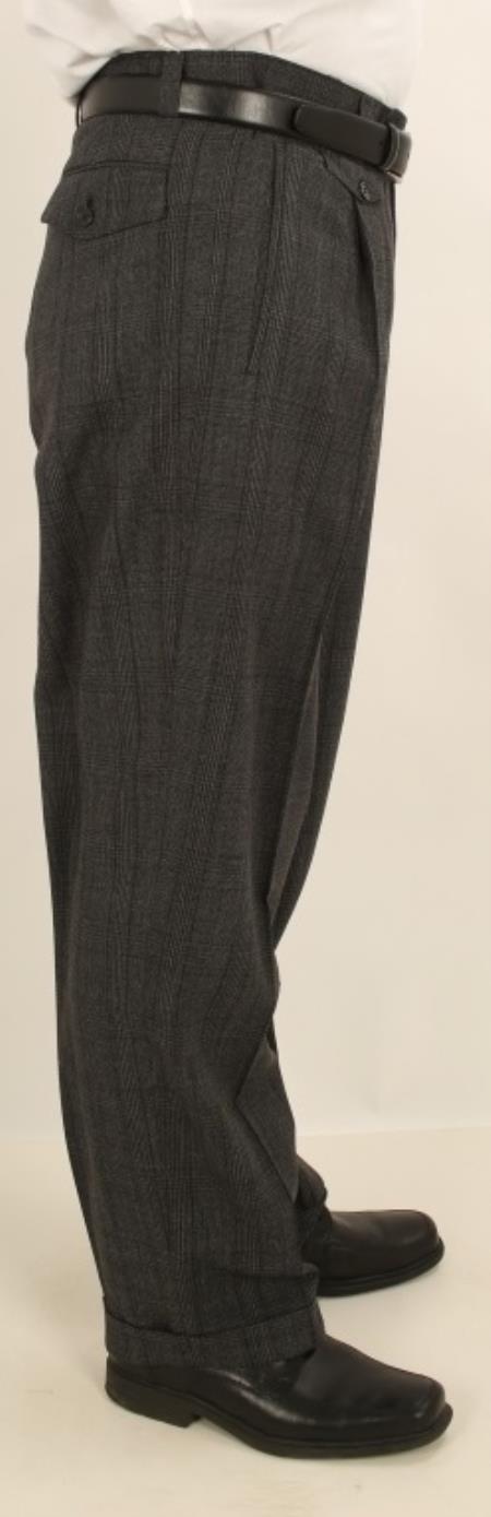 Wide Leg 1920s 40s Fashion Clothing Look ! Single Pleated Slacks Pants Dark Grey Masculine color W/Black Windowpane Wool