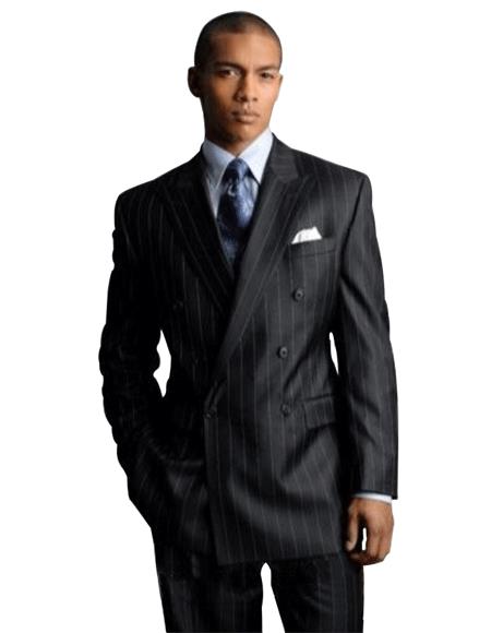 Signature Platinum Stays Cool Discounted Online Sale Dark Dark Grey Masculine color Gray Pinstripe Wool Fabric poly~rayon Double Breasted Business Suit 