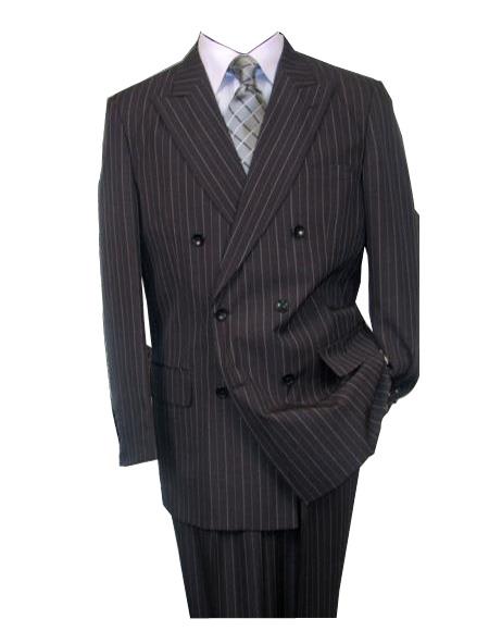 Men's Charcoal Double Breasted Wool Peak Lapel Stripe Suit 
