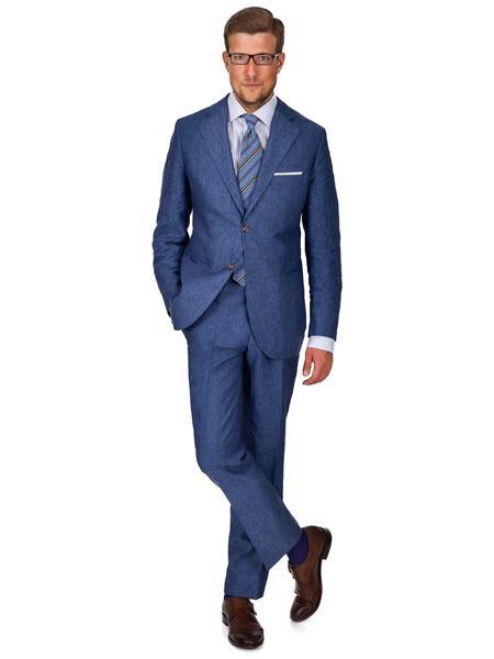 Men's 2 Button Sky Denim Blue Linen Suit