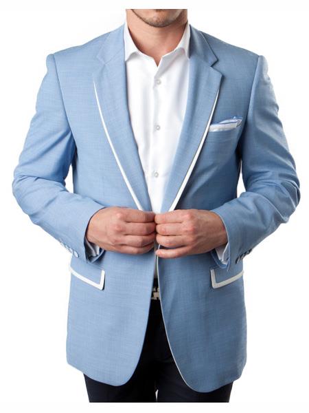  men's 1 Button Sky Blue Summer Blazer With White Trim Accents Tuxedo Dinner Jacket
