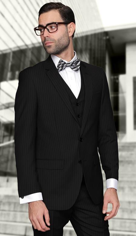 European cut style Jacket & Pants Slim narrow Style Fit Suits for Online Liquid Jet Black Wool Fabric Pinstripe Three Piece Lorenzo 