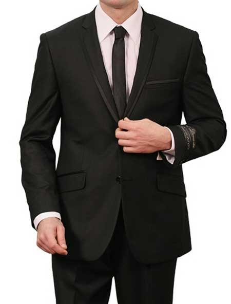 Two Piece Slim narrow Style Fit Suit - Satin Trimmed Lapel Liquid Jet Black Clearance Sale Online