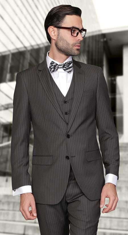 European cut style Jacket & Pants Slim narrow Style Fit Suits for Online Dark Grey Masculine color Wool Fabric Pinstripe Three Piece Lorenzo 