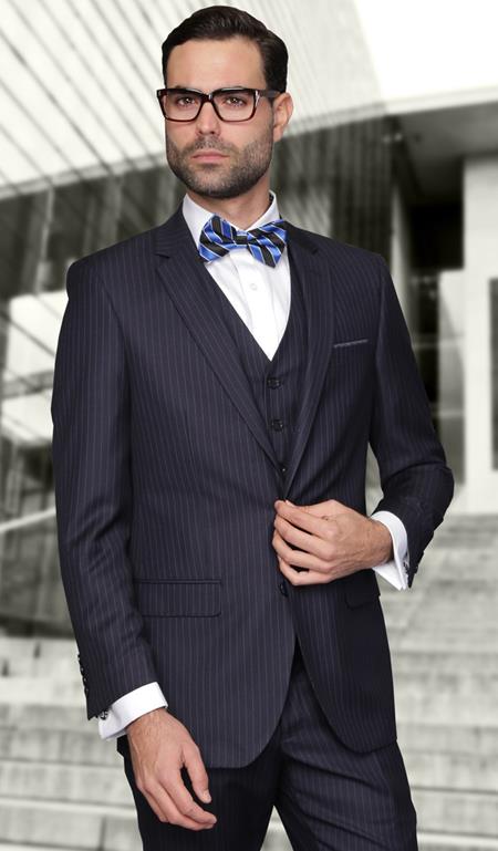 European cut style Jacket & Pants Slim narrow Style Fit Suits for Online Navy Wool Fabric Pinstripe Three Piece Lorenzo 