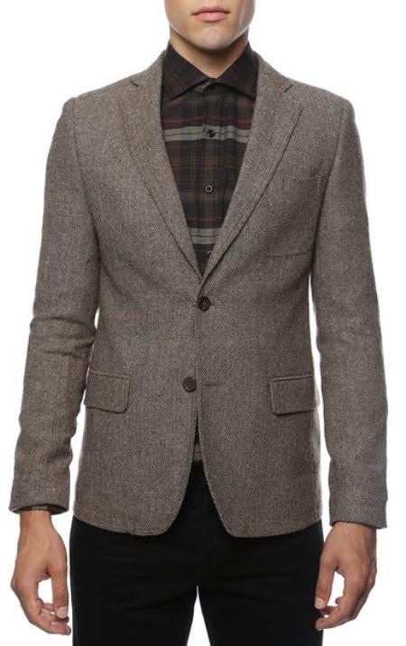 Slim narrow Style Fit Tweed houndstooth patterned Blazer Online Sale Jacket Sport coat brown color shade Herringbone Tweed 