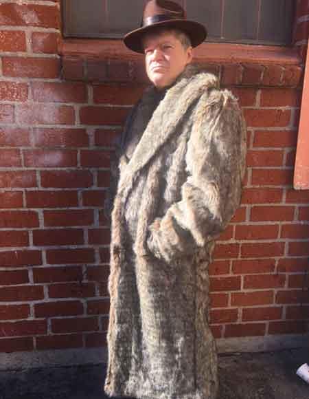  Men's Faux Fur Long Length Coat Full Length Overcoat ~ Topcoat Coffee ~ Brown ~ Tan