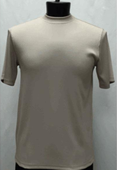  Men's Tan Classy Mock Neck Shiny Short Sleeve Stylish Shirt
