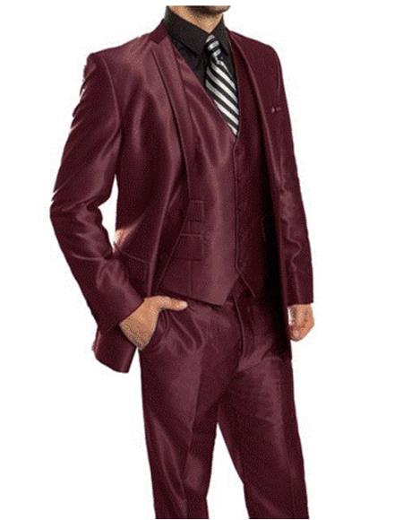  men's Single Breasted Sharkskin Burgundy vested suit