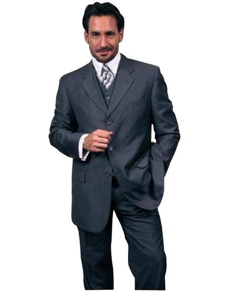 Luxurious Navy Blue Shade With Smooth Pinstripe 3 Piece Vested Business Suits for Online Double Side Vent Available in 2 Buttons Style only