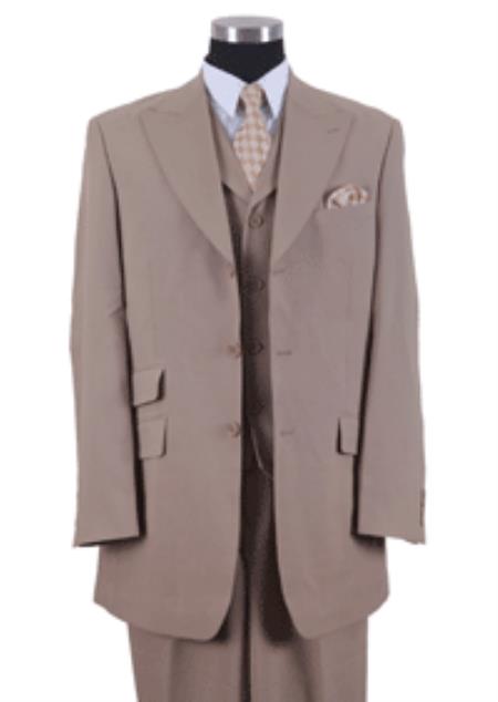 Mens Three Piece Suit - Vested Suit 3 Button Style Peak Lapel Vested 3 Piece Dress Ticket Pocket 1940s men's Suits Style for Online Tan khaki Color ~ Beige