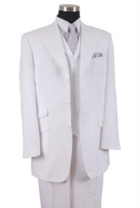 3 Mens Three Piece Suit - Vested Suit Button Style Peak Lapel Vested 3 Piece Dress Ticket Pocket 1940s men's Suits Style for Online White