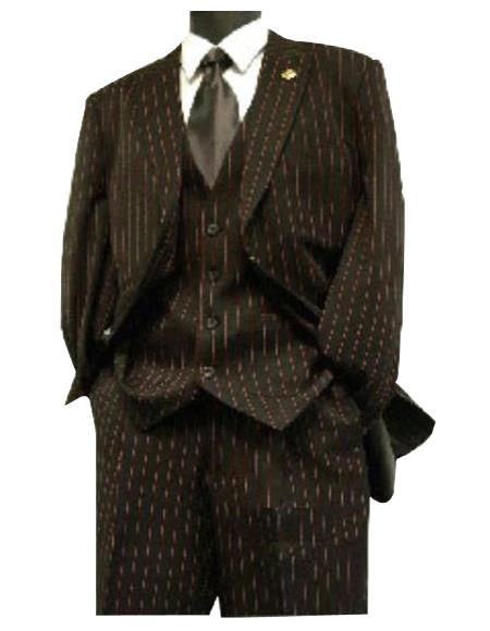 Mens Three Piece Suit - Vested Suit 3 Piece Liquid Jet Black & red color shade Stripe ~ Pinstripe Vested Suit For sale ~ Pachuco men's Suit Perfect for Wedding 3 Piece lapeled vest 3 Button Style Suit 