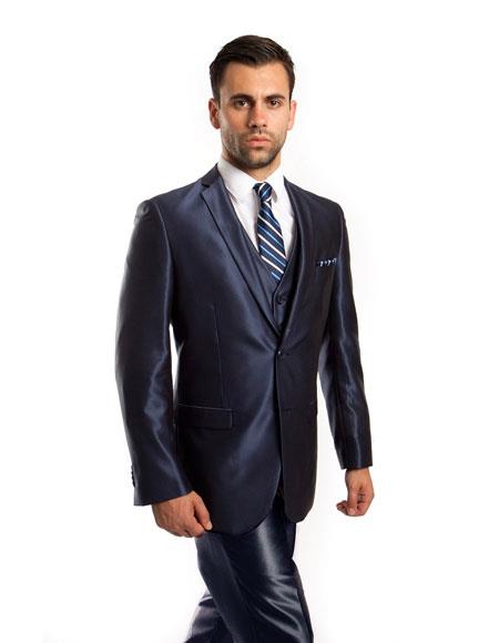  Men's Sharkskin  Metallic Silky Shiny Flashy Navy 2 Button Single Breasted 3 Piece Suit Slim Fit Suit