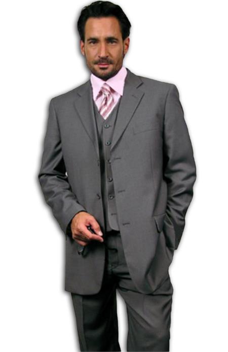 3 Button Style Gray~Grey three piece suit Vested 3 Piece suit in Superior Fabric 110's Fabric~Poly~Ray 
