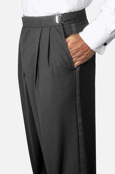  Men's Solid Black Poly-Wool Blend Classic Fit Adjustable Waist Pleated Tuxedo Pants