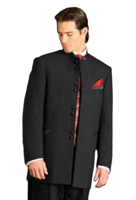 8Buttons~ Liquid Jet Black no collar mandarin Tuxedo Single Breasted Suit 