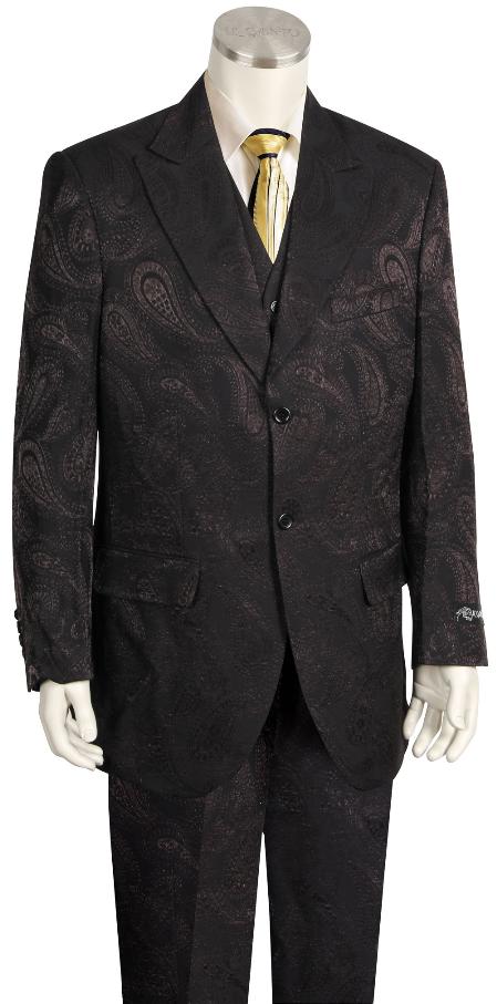 Fashion 3 Piece Paisley Printed Fashion 1940s men's Suits Style For sale ~ Pachuco men's Suit Perfect for Wedding 1920s 40s Fashion Clothing Look ! Wide Leg Pants Liquid Jet Black & Dark brown color shade 