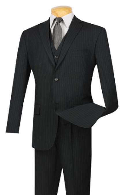 Extra Long For Tall Vested Three Piece Two Button Style Pinstripe Suit Liquid Jet Black 