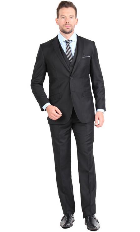 Mens Three Piece Suit - Vested Suit Suit Two Button Three Piece Slim narrow Style Fit Liquid Jet Black 
