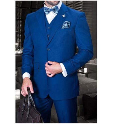 Men's Statement 2 Button Sapphire Blue 3 Piece Italian Designer Suit Wool