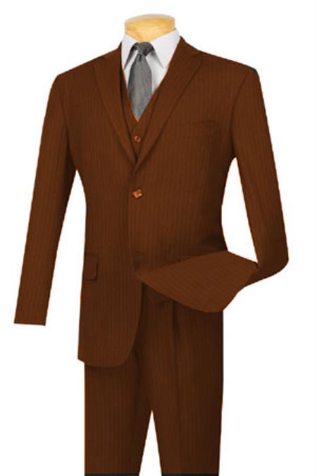 Extra Long For Tall Vested Three Piece Two Button Style Pinstripe Suit brown color shade 