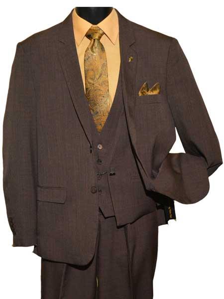 Mens 2 Button Single Breasted Dark Brown Notch Lapel Vested Suit