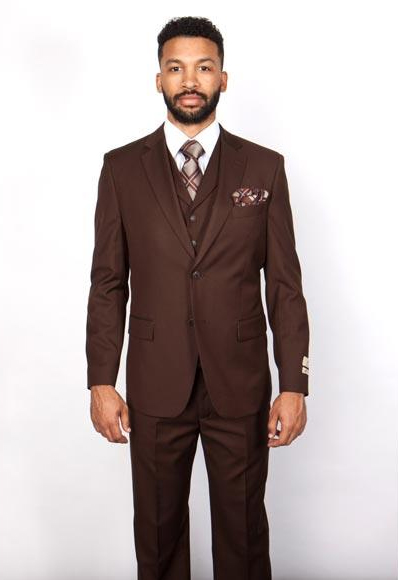 Tallia Orange Men's 100% Wool Slim Fit Windowpane Two Button Vested Suit Brown 