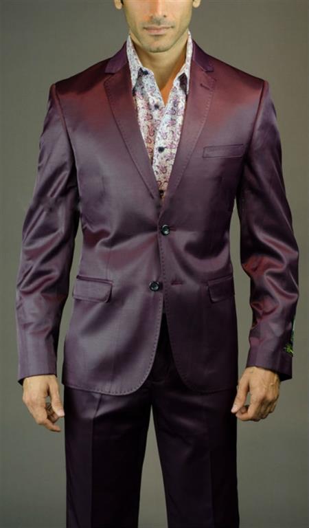 Tapered Leg Lower rise Pants & Get skinny Two Button Three Piece Shiny Flashy Burgundy Slim narrow Style Fit Suit 