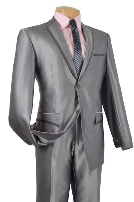 Two Button Slim narrow Style Fit Suits for Online Shiny Flashy Black and Silver Suit Gray Trimmed Tuxedo looking With Trim